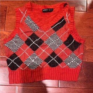SHEIN V-Neck Argyle Sweater Vest in Red and Black